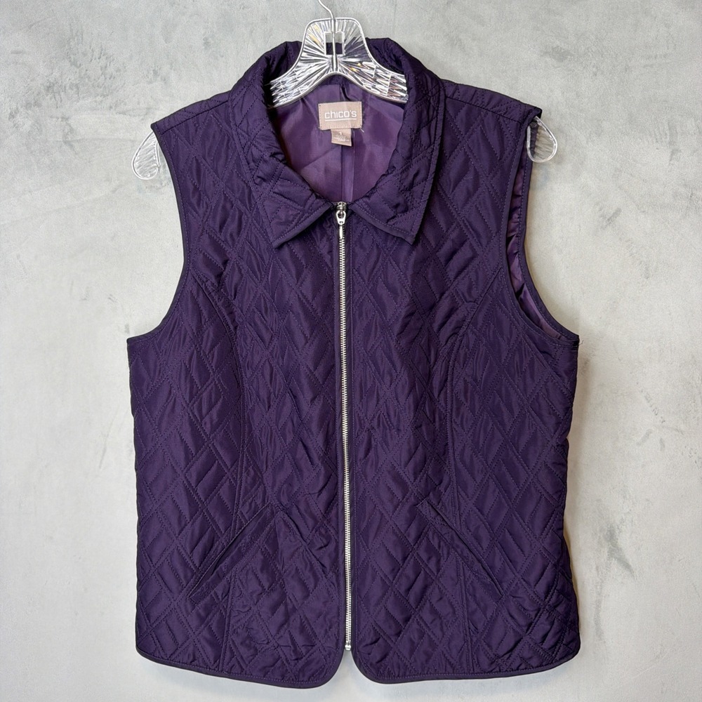 Chico's Womens Size 1 Purple Quilted Vest Full Zip Pockets Collared Lined